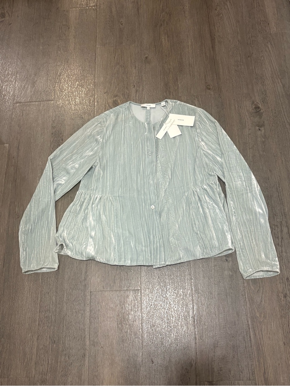 NWT Vince Ruched Velvet Blouse Pale Sea Glass Peplum Top Small